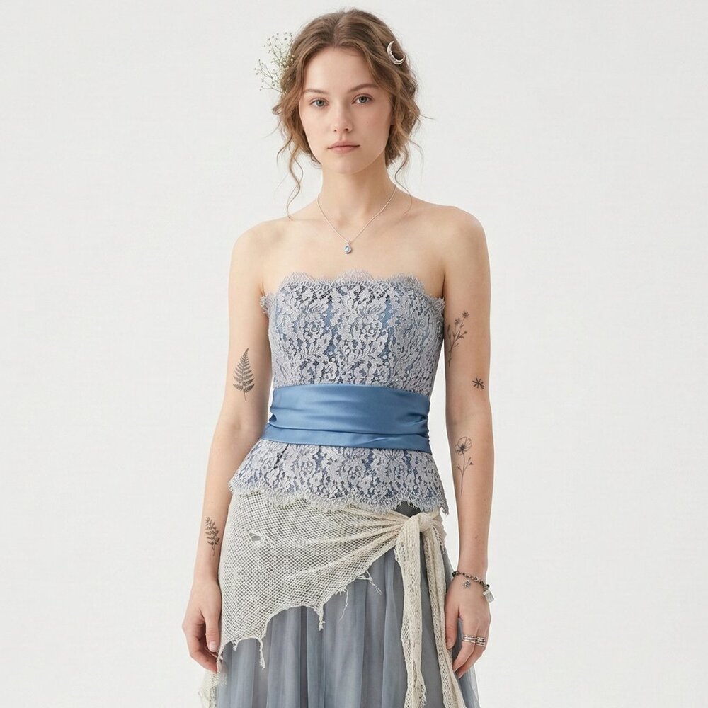 Vintage Mackenzie Michaels Corset Top Y2K Strapless Lace Satin Blue 8
